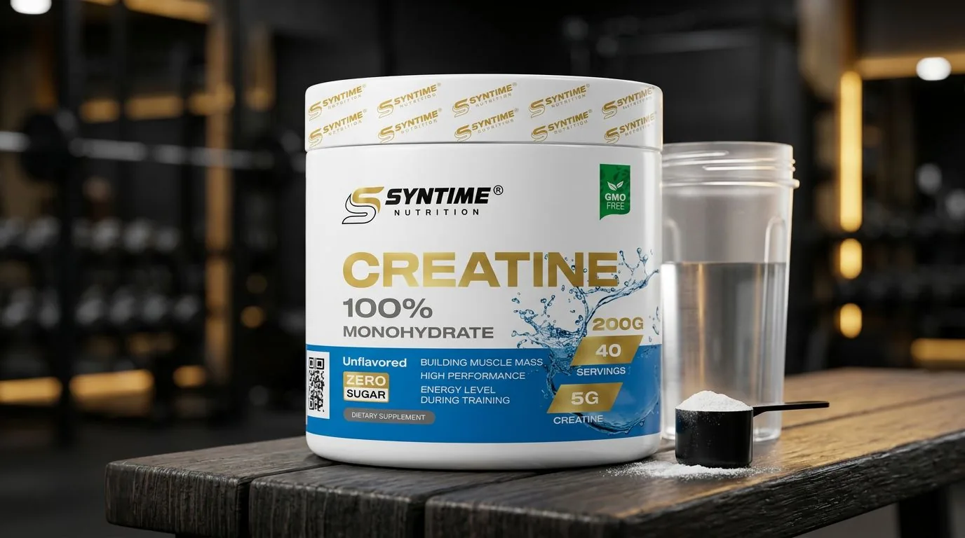 Банка Syntime Nutrition Creatine 100% Monohydrate, шейкер и мерная ложка с порошком на скамье в тренажёрном зале